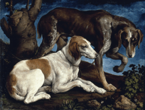 Jacopo Bassano, Deux chiens de chasse attachés à une souche, vers 1548-1550