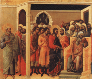 Duccio di Buoninsegna, Le Christ devant Caïphe, 1308-1311