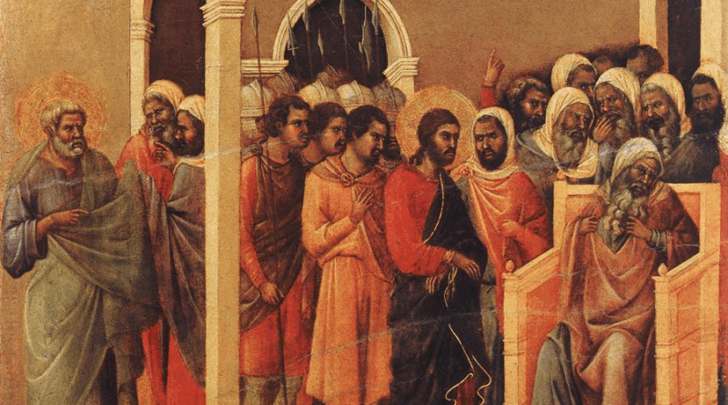 Duccio di Buoninsegna, Le Christ devant Caïphe, 1308-1311