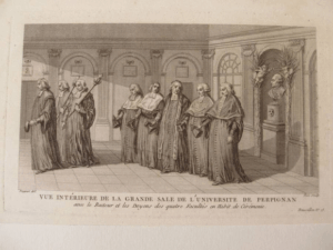 Vue intérieure de la grande salle de l'université de Perpignan, gravure de Lespinasse