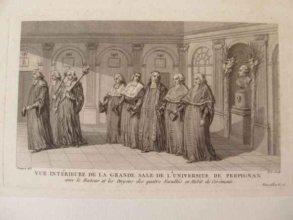 Vue intérieure de la grande salle de l'université de Perpignan, gravure de Lespinasse